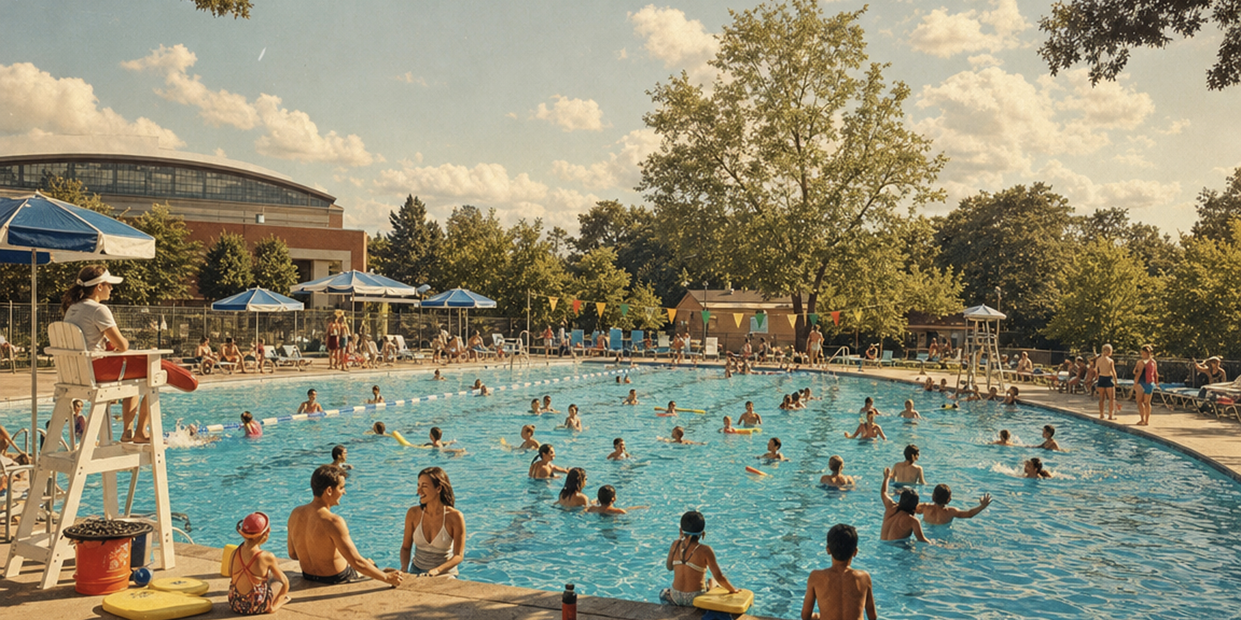 Swimmers, families, and a lifeguard at the Lowry Swim Club pool on a sunny day, with pool umbrellas and the clubhouse in the background